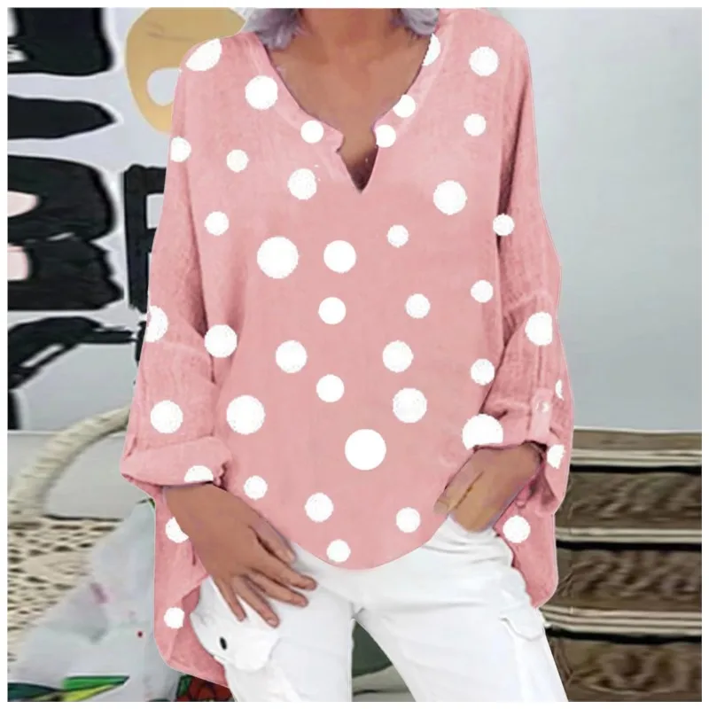 

Summer new women's V-neck long sleeved pullover with polka dot print top, fashionable and loose casual autumn irregular shirt