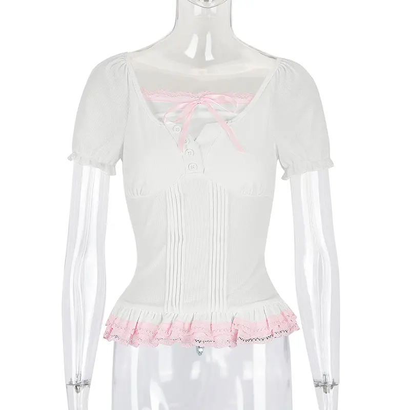 Sommer frauen T-shirt Streetwear Fashion Kurzarm Spitze-up Taste Beiläufige Dünne Tees Rosa Sexy Dame Spitze Gestrickte tees Kleidung