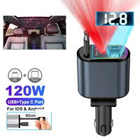 4 in 1 Car Charger with Retractable Cable Atmosphere Lamp Star Top Light 120W Adapter Car Phone Charger USB Type-C Ports 12-24V