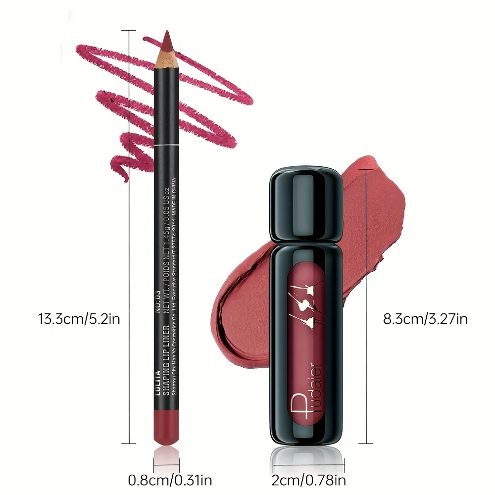 Combinação de delineador labial e lama labial, conjunto de maquiagem labial de veludo fosco à prova d'água de longa duração, presente perfeito para aparência diária e de férias