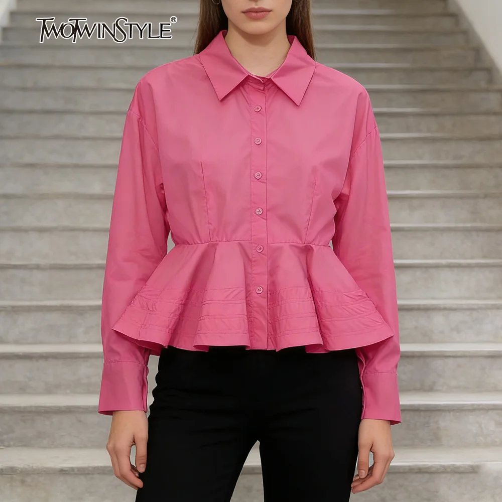 TWOTWINSTYLE Solid Spliced Folds Chic Shirt Female Lapel Long Sleeve Loose Elegant Literary Women's Shirts Autumn Fashion New