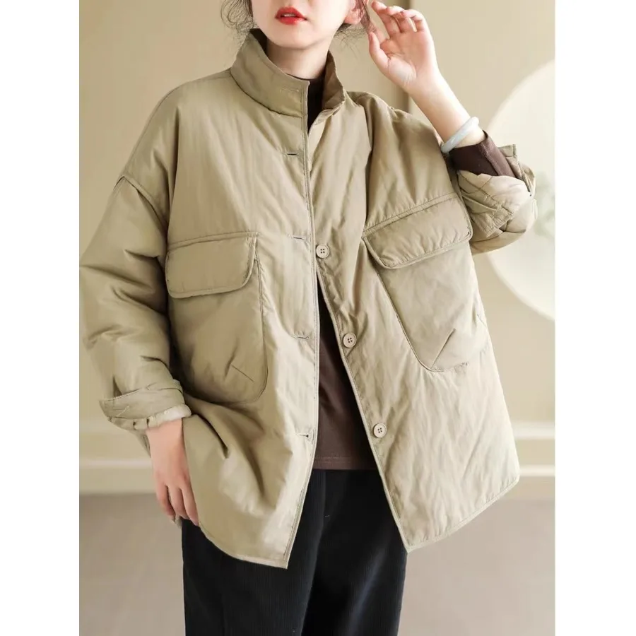

Ladies' Casual Cotton irt with Big kets Loose Fit Turn-down Collar Warm Coat Outerwear Pure Color Autumn Winter Faion