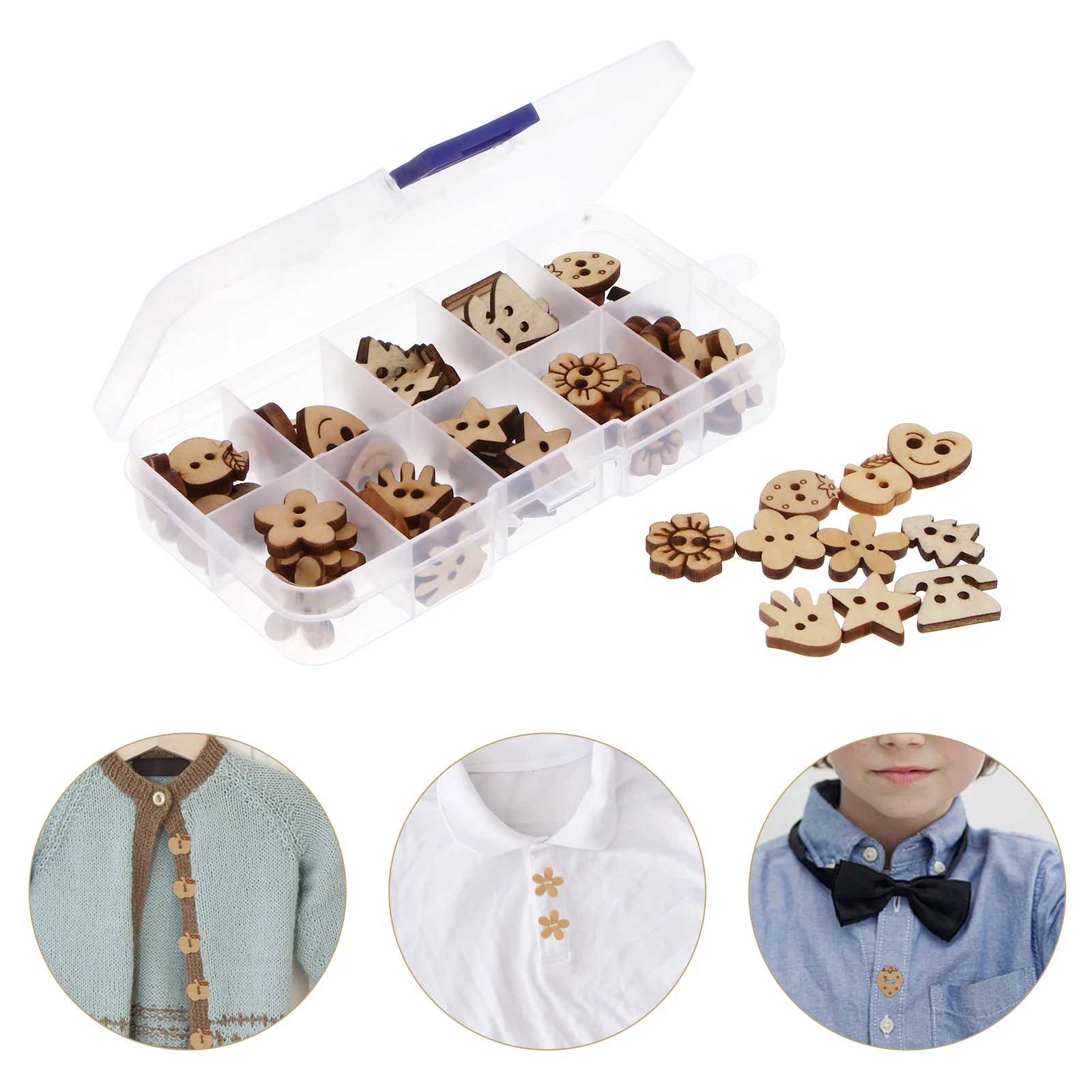 

100Pcs Eco-Friendly Wooden Buttons DIY Crafts Adorable Cartoon Designs Diverse Styles Decorative Sewing Supplies