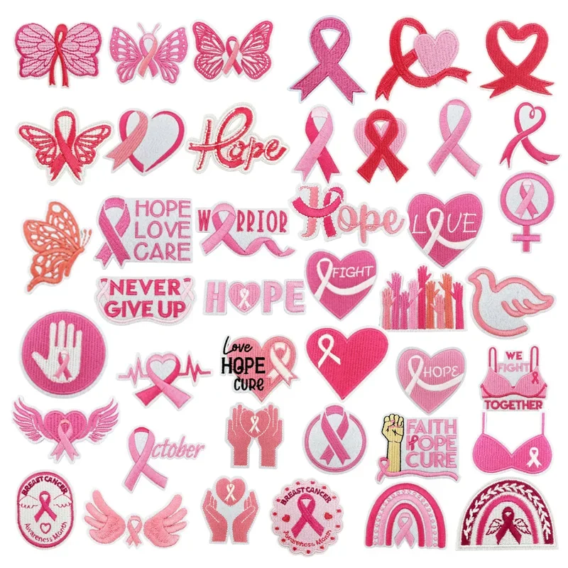 New Product Ironing Patch Heart Badge Embroidery Sticker Pink Ribbon Cloth Caring Women Breast Prevention Charity Badge