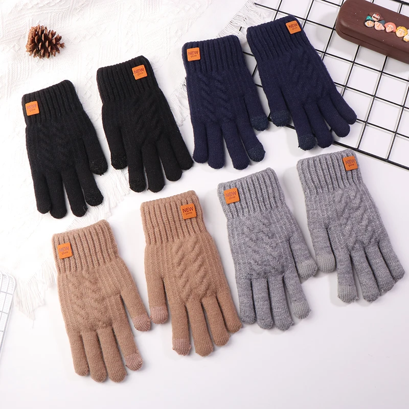 Men's Warm Full Finger Gloves Winter Touchscreen Plus Fleece Gloves Woman Thickening Wool Knitted Cycling Driving Gloves