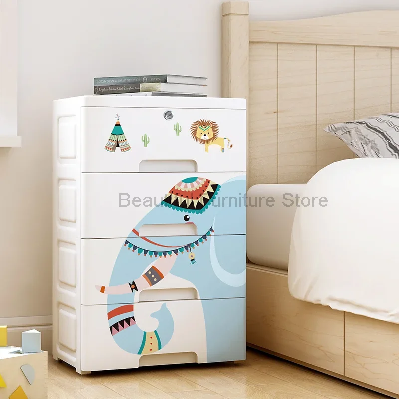 Drawer Storage Cabinet Cartoon Baby Children Clothes Toy Storage Organizer with Lock Household Finishing Storage Box Cabinet