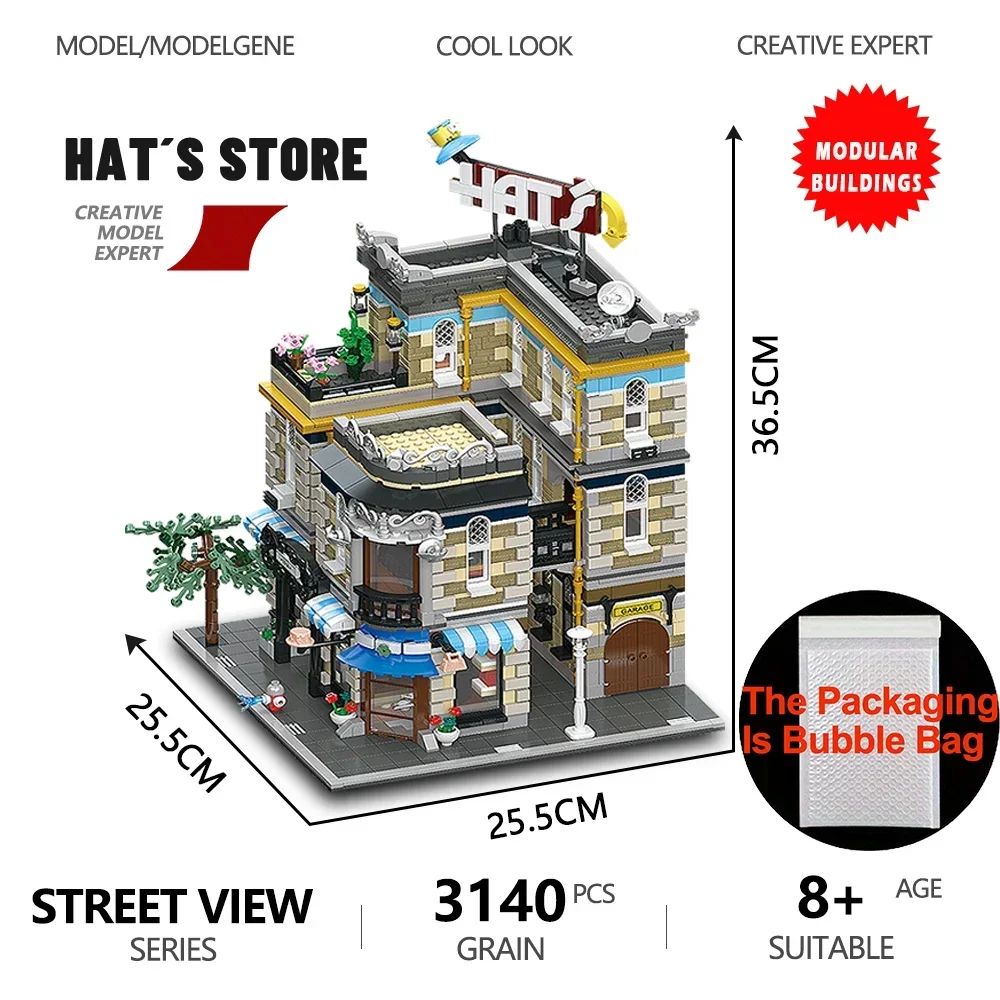 3140PCS Street View The Hat Store Building Blocks Model City Creative Expert Modular Assembly Bricks Kids Toy For Adult Gifts