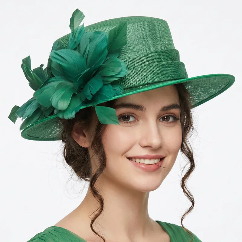 Feather and floral embellished flat-top wide-brimmed hat made of linen fabric suitable for fashion shows beach parties wedding