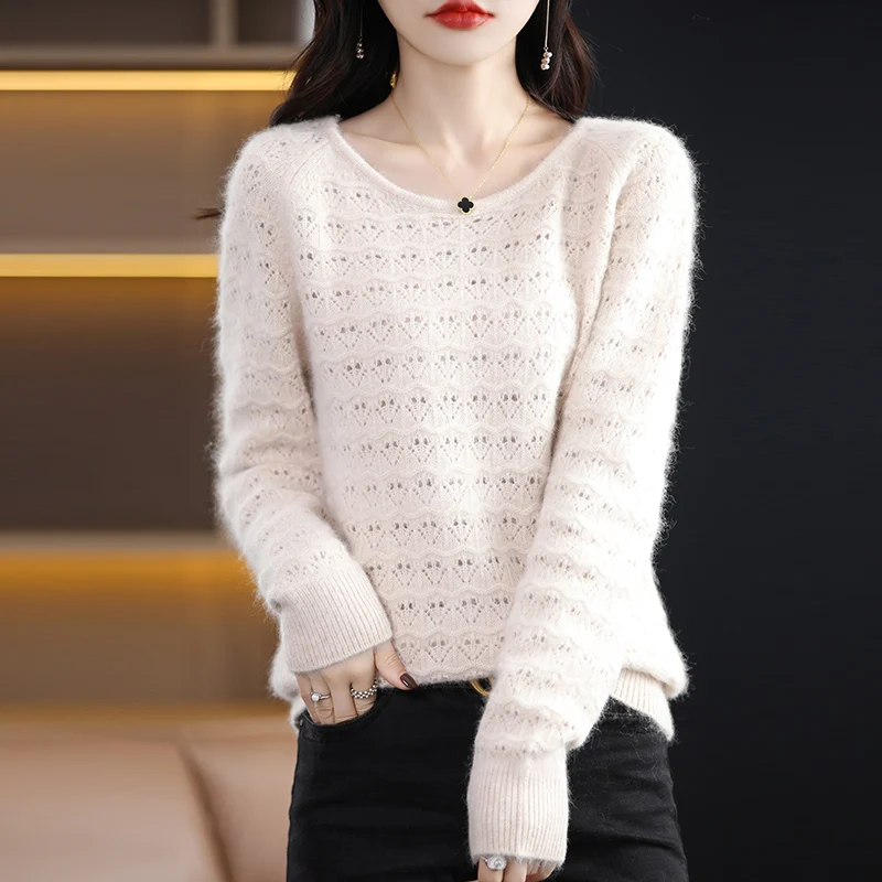 Women 100% Mink Cashmere Sweater Scoop Neck Hollow Out Pullover Autumn Winter Fashion Casual Knit Cashmere Sweater Bottoming Top