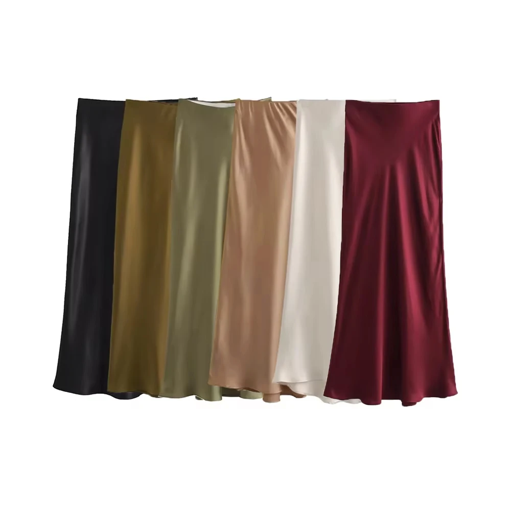 TRZA – Saia midi de cetim fluida feminina, cintura alta com cintura elástica, saias femininas, moda
