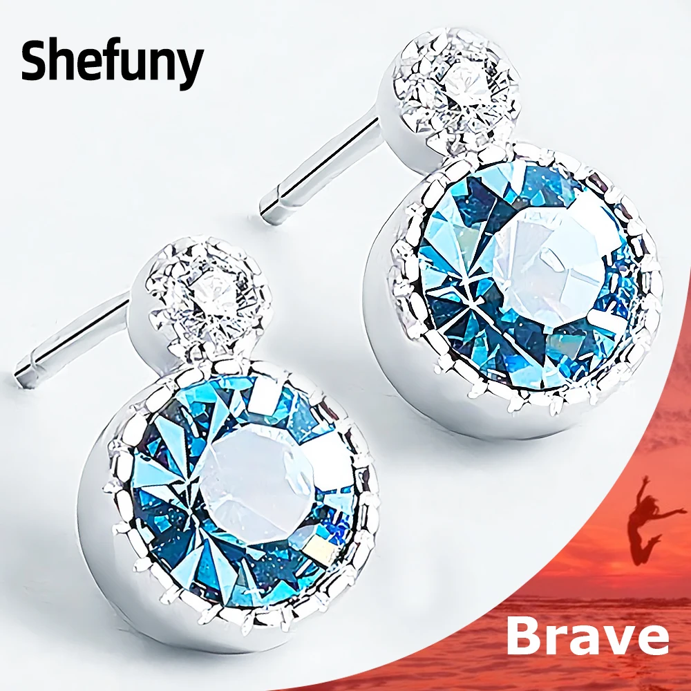 

925 Sterling Silver Round Heart Of The Ocean Stud Earring Blue Zircon Geometric Earrings For Women Fine Jewelry Anniversary Gift