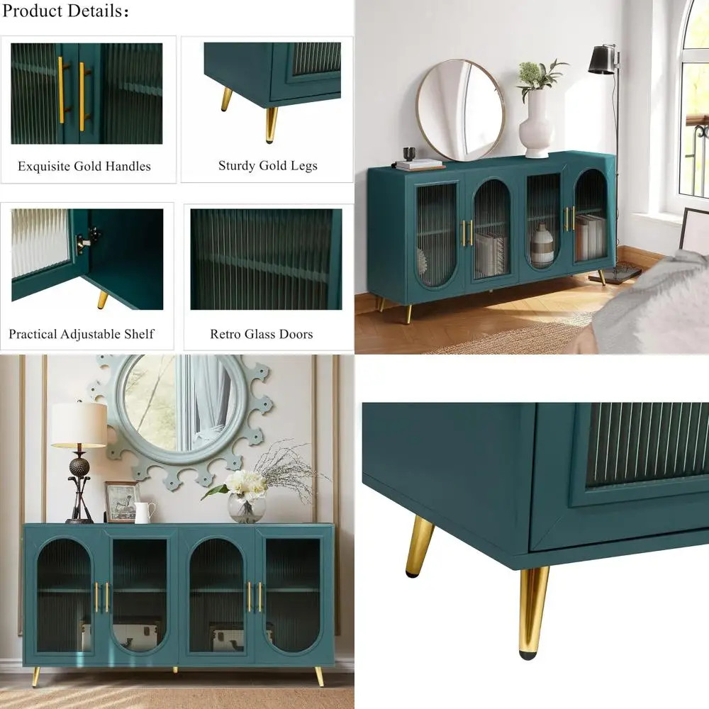 

Gold Handled Glass Door Sideboard, Adjustable Shelf Coffee Bar Cabinet, Antique Blue TV Stand for Living Spaces