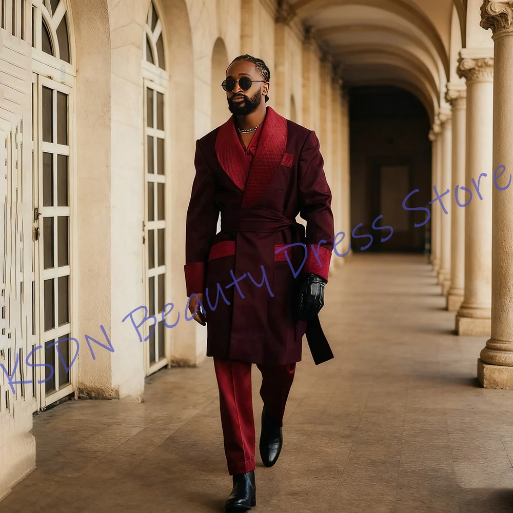 

Luxury Burgundy Men's Suit Set Two Piece(Long Jacket+Red Pants) Gorgeous Formal Ensemble with Belt Evening Banquet Party Costume
