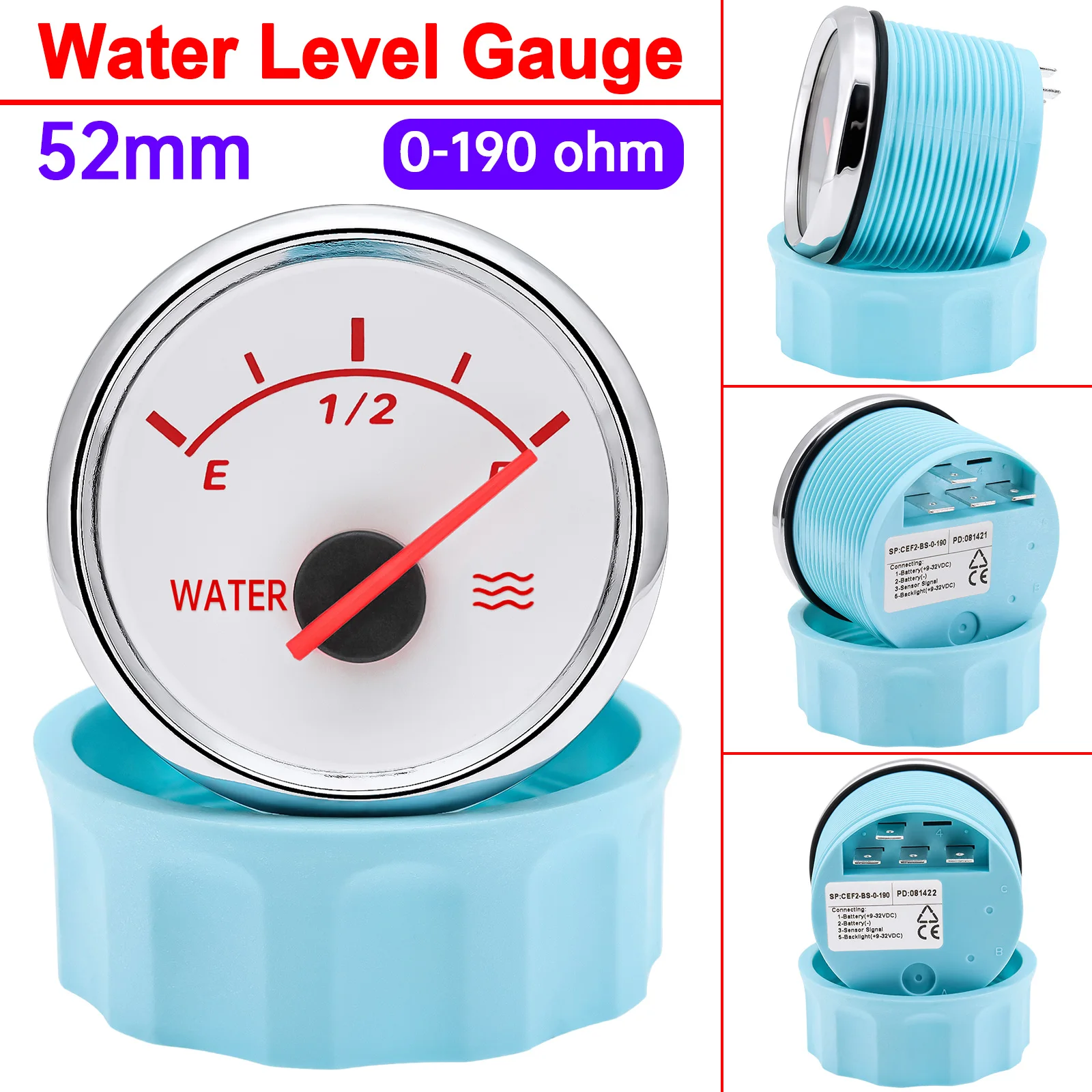 0-190 Ohm Water Level Gauge With Water Level Sensor 52mm Water Level Meter With Red Backlight Oil Indicator Range 100-550mm