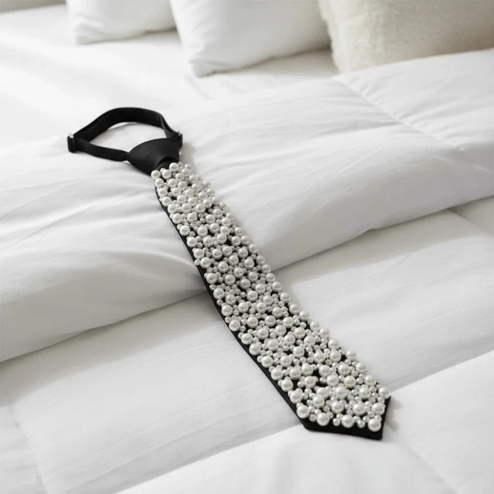

Korean Style Full Pearls Tie Choker Black Hand-beaded Long Necktie Academic Style Collares Decoration Shirt Tie Performance