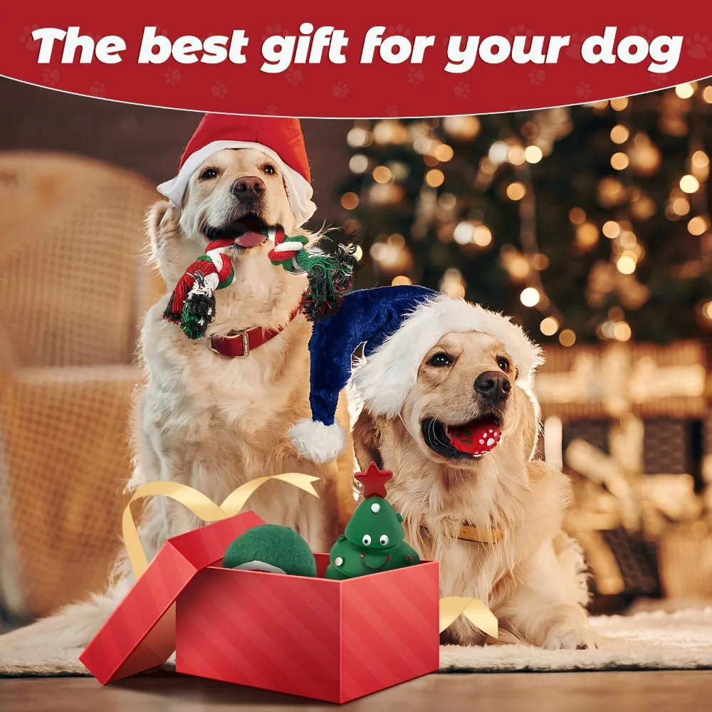

Holly-Print Dog Christmas Gift Box Pet Christmas Stocking Stuffers Interactive Fun Dog Toy Assortment Pack Safe Rubber Chew Toys