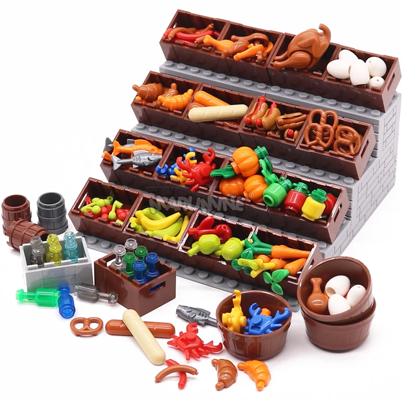 Marumine Food Building Blocks Model Brick Parts MOC Grilled Chicken Bread Hot Dog Carrot Apple Banana Classic Toy Accessories