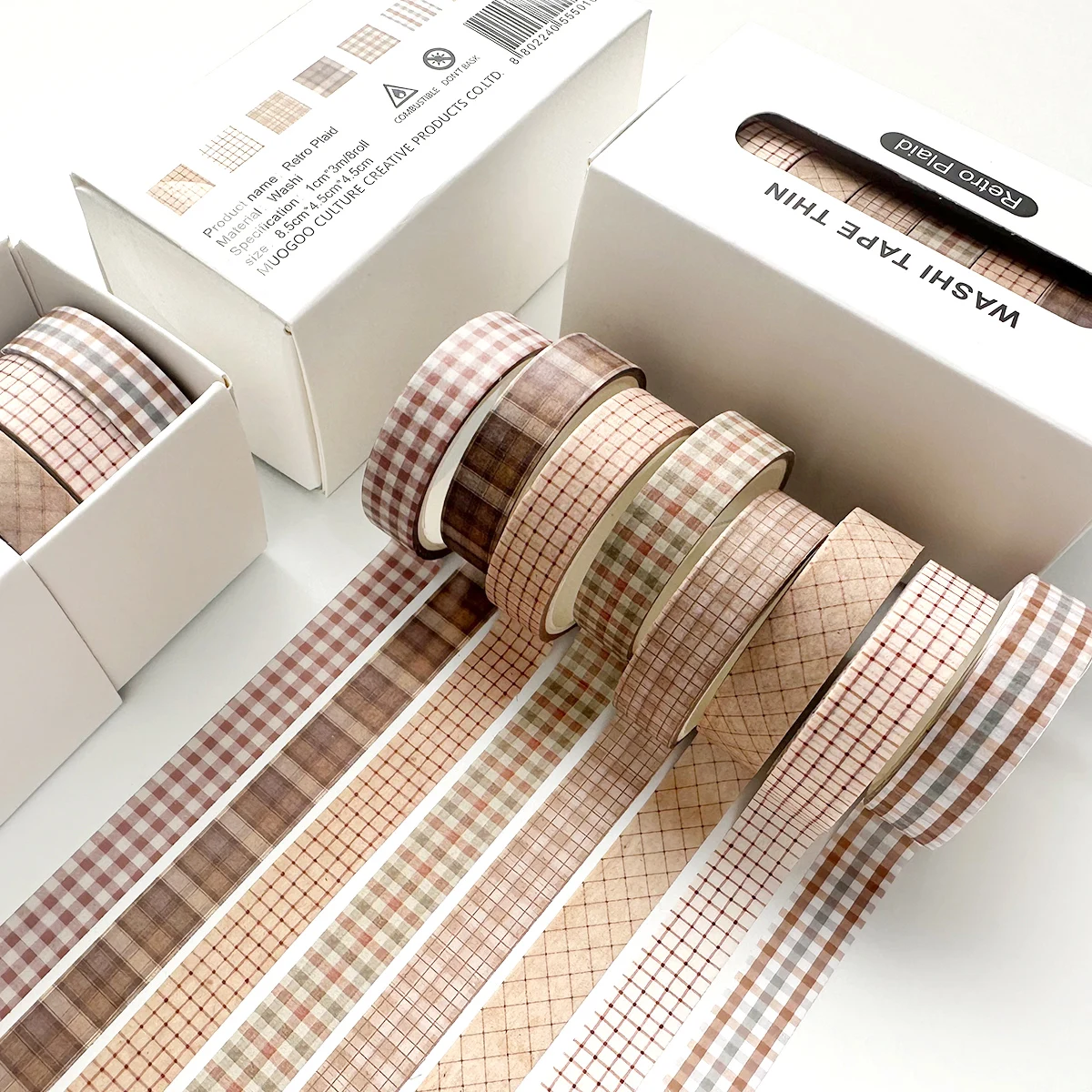 

Vintage Style Washi Tape Set 8 Rolls, Plaid and Small Floral Patterns, DIY Craft Scrapbook Decoration Materials, for Journaling
