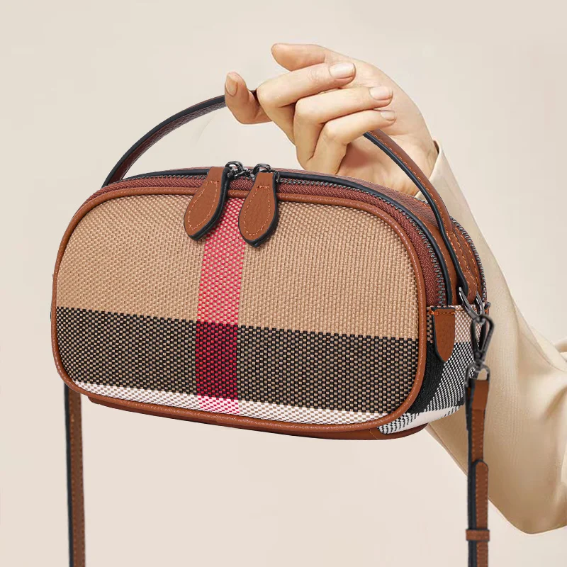 

Canvas and Cowhide Leather Women Crossbody Bag, Plaid Stripe Oval Handbag with 2 Straps, Multi-Pocket Portable Purse for Travel