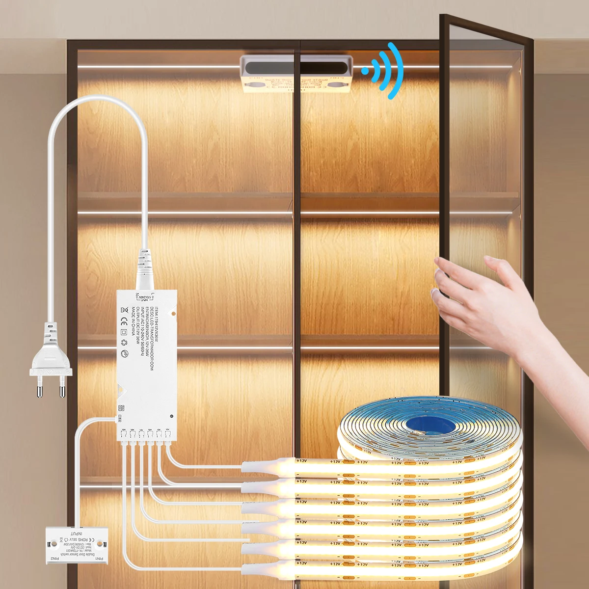 Smart Double Door Sensor Switch COB LED Strip Light for Cabinet Lighting 12V Dupont LED Tape Lights Door Open Light-ON