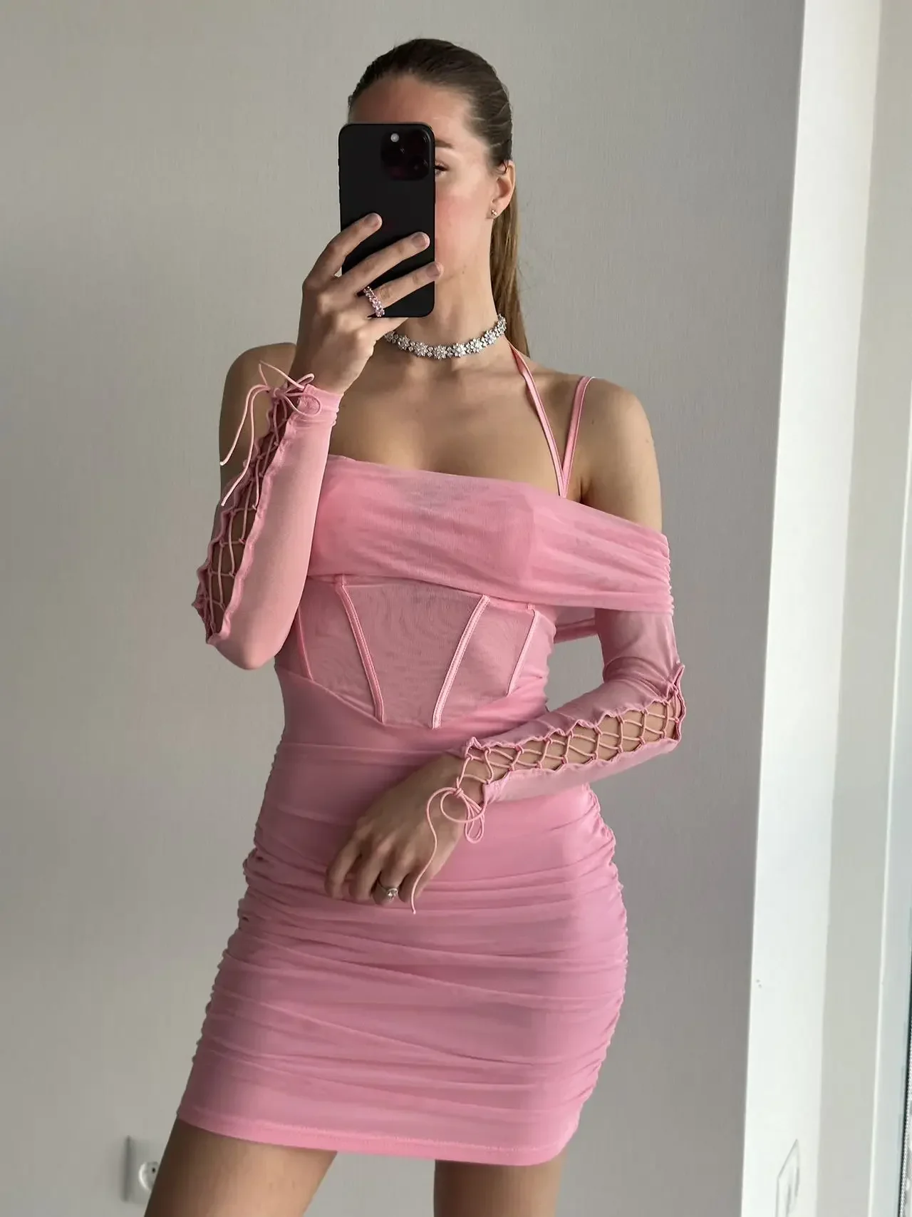 

Mesh Patchwork Off Shoulder Mini Dress Women Summer Long Sleeve Corset Sexy Halter Slim Short Robe Elegant Club Party Dress 2025