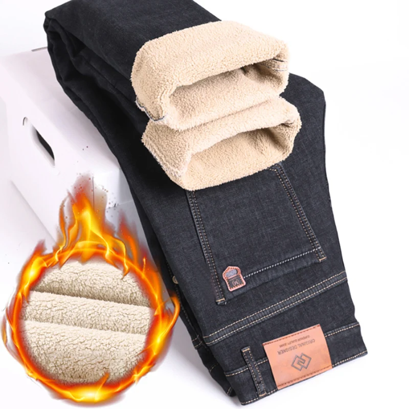 Winter Men Plush Wool Elastic Straight Denim Pants Soft Fabric Thicken High Waist Stretch Jeans Male Warm Fleece Work Trousers