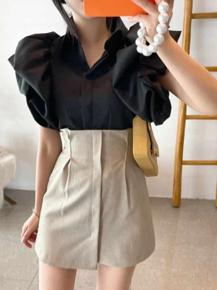 Woherb Vintage Puff Sleeve Elegant Shirt White Black All Match Blouse Turn Down Collar Office Ladies Blusa Female Casual Tops