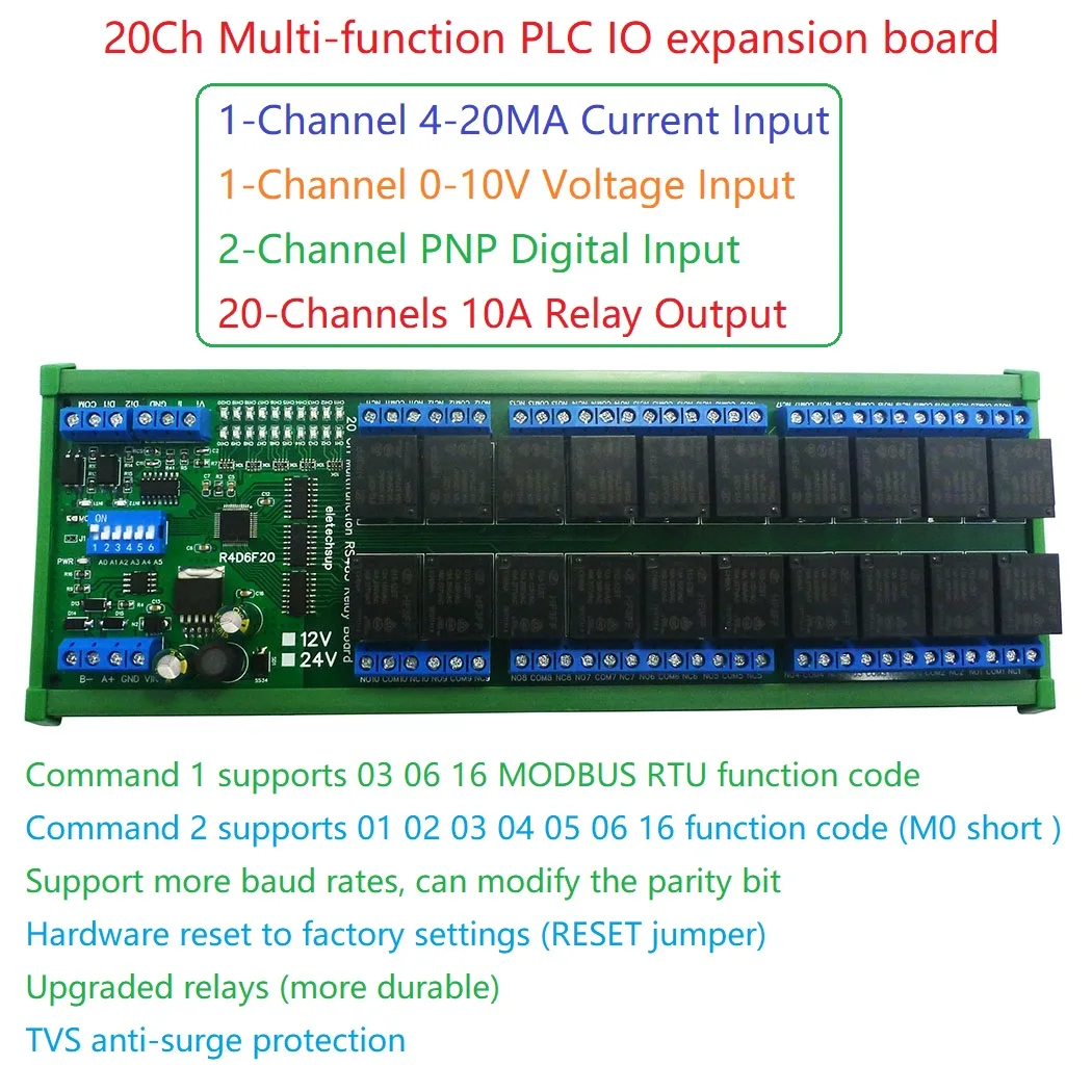 20-Channel RS485 Digital Analog IO Module with Modbus RTU PLC UART Expansion Board for 4-20MA Current and 0-10V Voltage Read