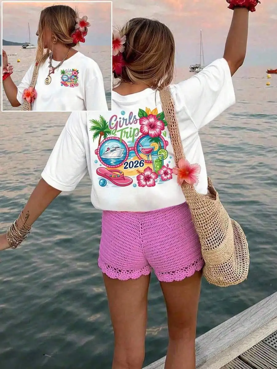 2026 Summer Vintage Washed Cotton Women Oversized Round Neck T-Shirt Trendy Bestie Trip 2026 Holiday Pattern Print Skin-friendly All-match Seaside Street Vacation Casual Tops