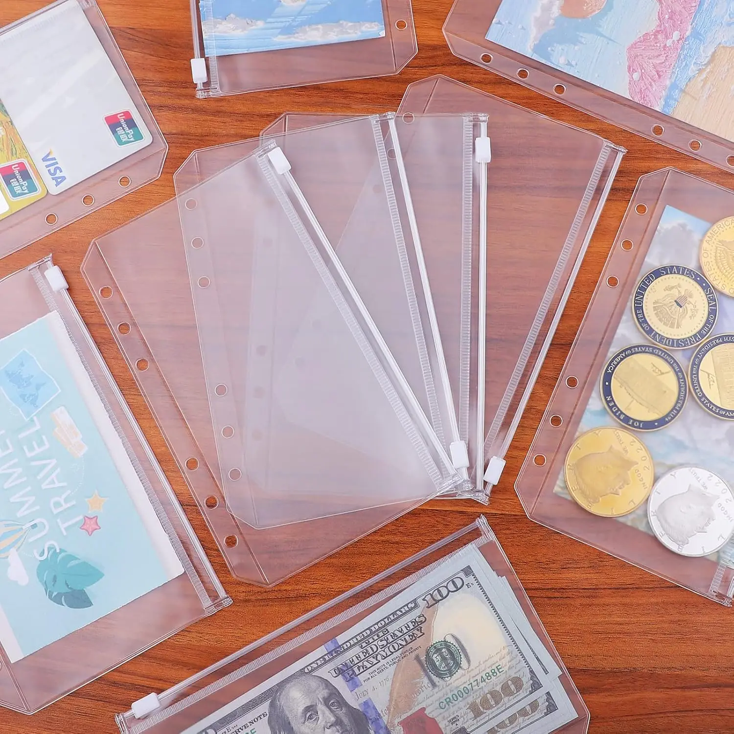 【セール中】8枚入り PVCバインダーポケット 現金封筒 A5 A6 A7 ジッパーフォルダ ポーチ マネーオーガナイザー 家計簿 ドキュメントファイル ルーズリーフインサート