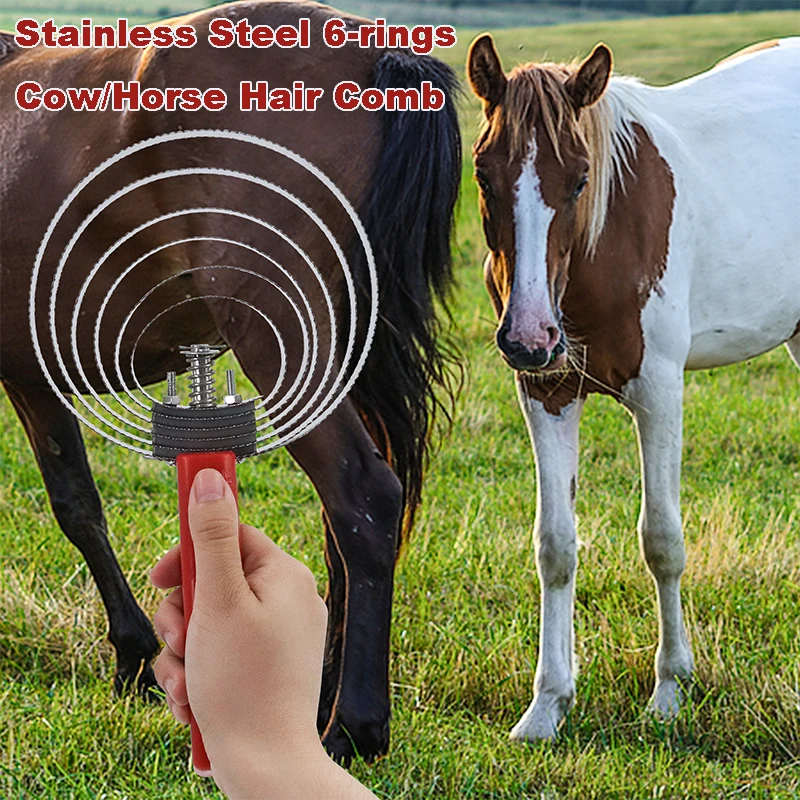 6-خواتم الفولاذ المقاوم للصدأ مشط الكاري مع المطاط المضادة للانزلاق قبضة متعددة الوظائف فرشاة الكاري الاستمالة للحصان الماشية الأغنام البقرة