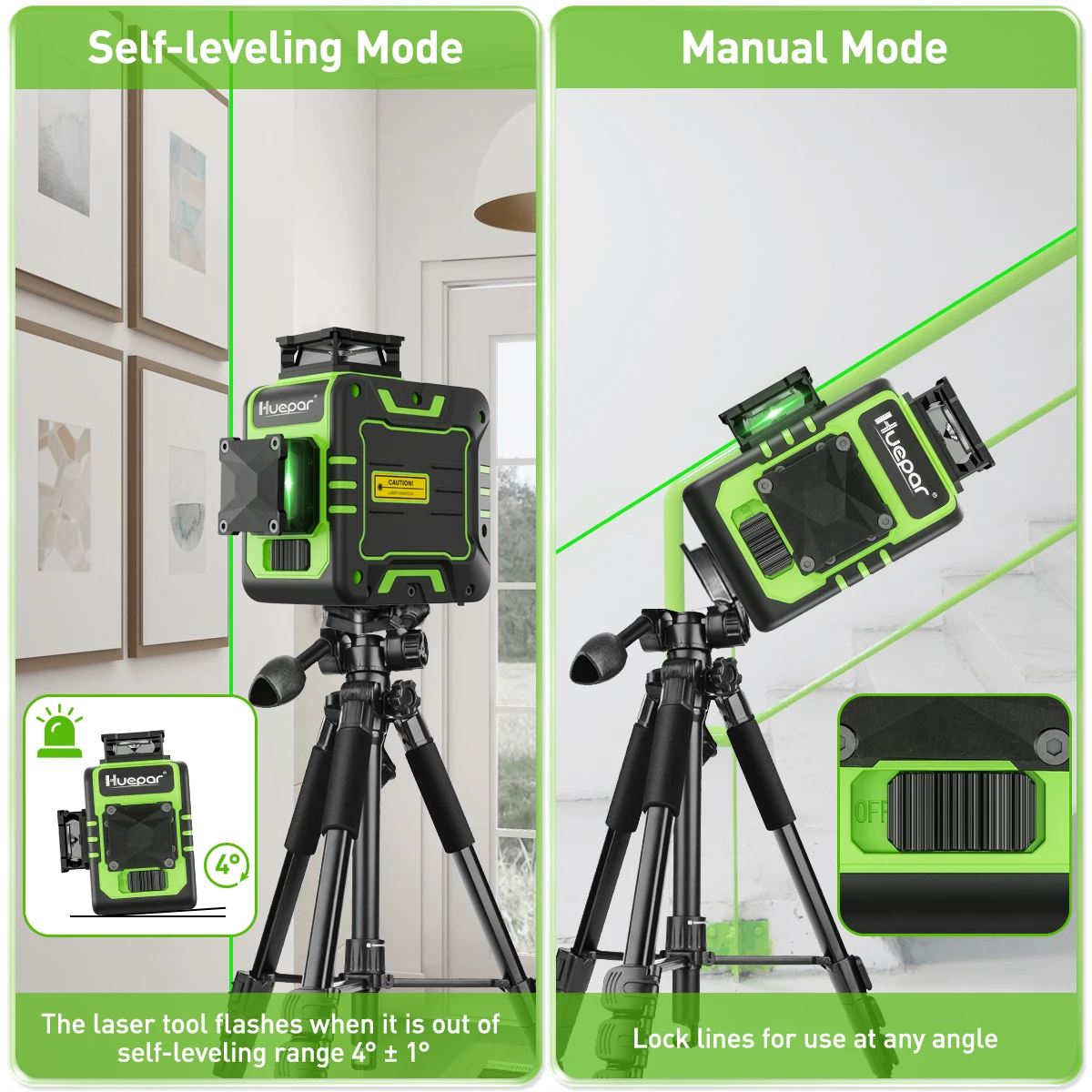 Imagem -04 - Kit de Nível Laser 3d Huepar 12 Linhas Osram Green Autonivelante 360 ° Linhas Transversais Verticais Horizontais Externas com Tripé Receptor