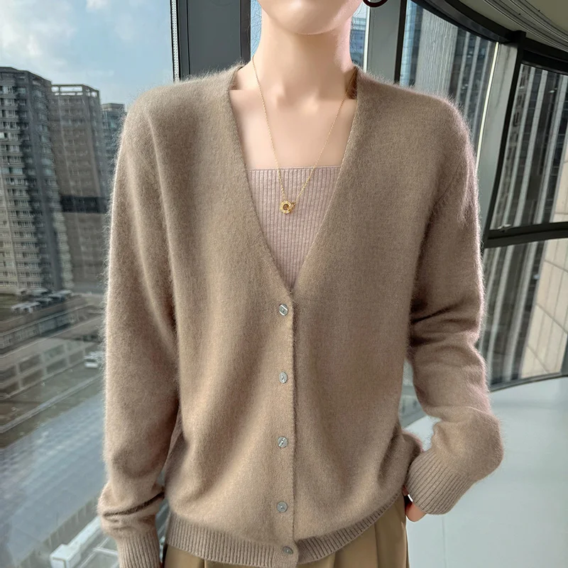 Women's V-Neck 100% Pure Mink Cashmere Cardigan Autumn New Solid Color Large size Coat Casual Loose Knitwear High Quality Shirt view 2