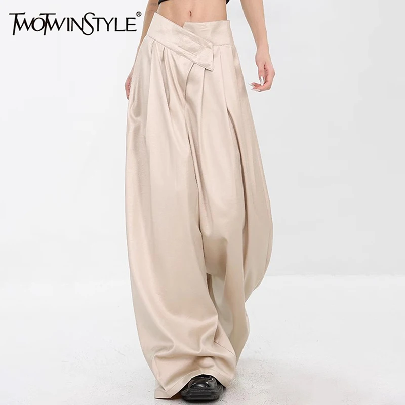 

TWOTWINSTYLE Solid Spliced Folds Irregular Loose Pant For Women High Waist Designer Wide Leg Pants Female Fashion Style Clothes