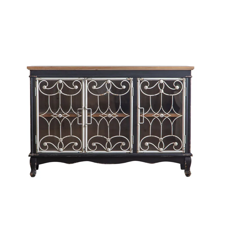 

French retro glass dust-proof dining side cabinet, restaurant bowl with multi-layer storage cabinet, door-to-door wrought iron e