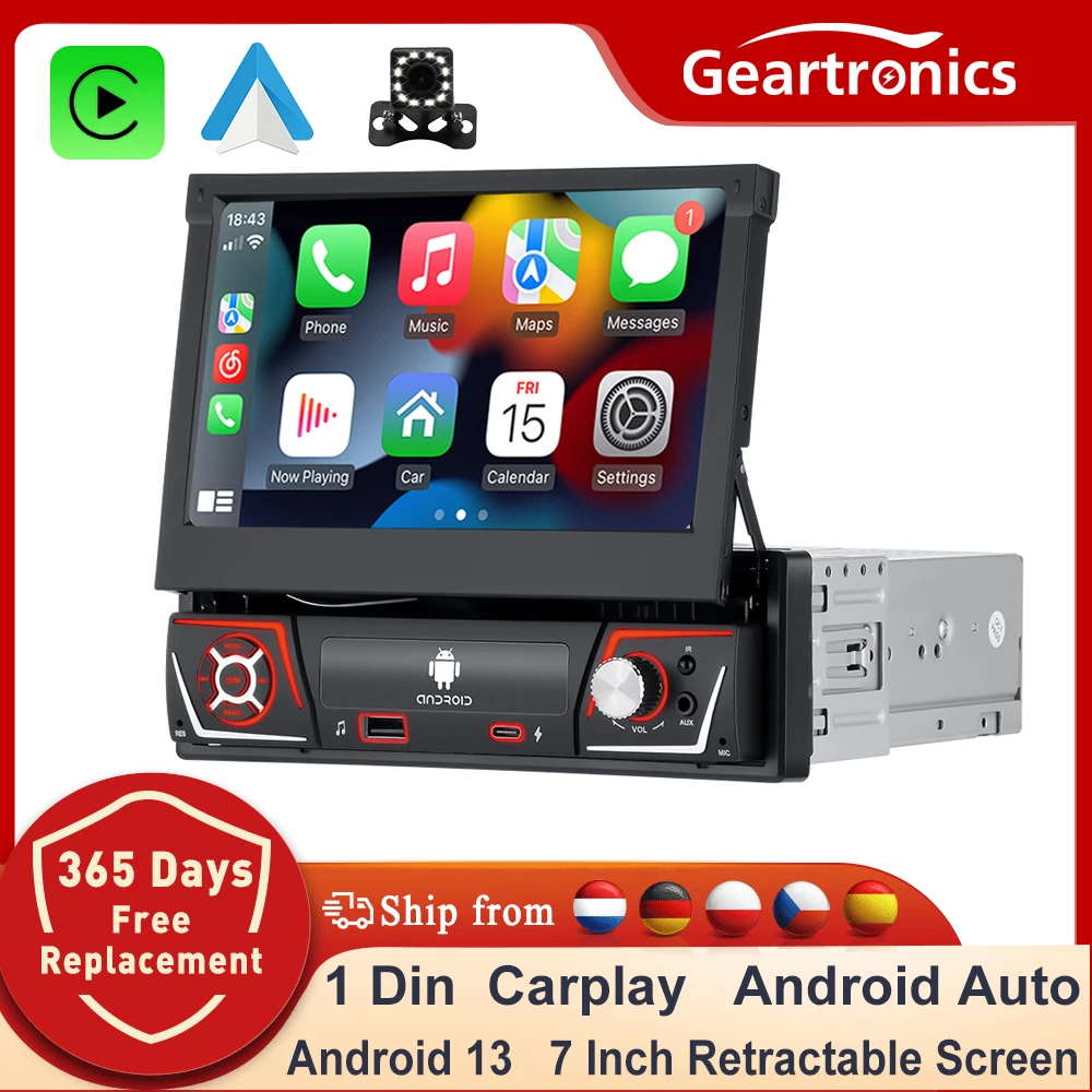 Radio con gps para coche, reproductor Multimedia con Android 13, 1 din, pantalla retráctil IPS de 7 \