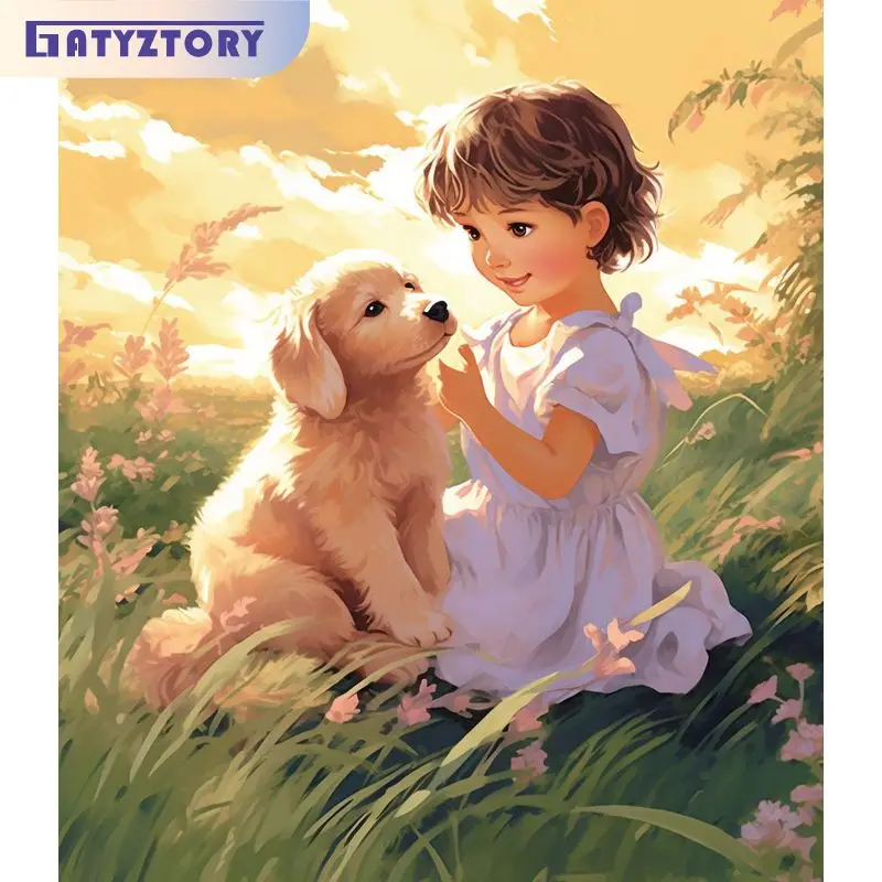 GATYZTORY Modern Paint By Numbers With Frame Coloring By Numbers Girl And Dog Picture Paint Home Decoration On Canvas Gift