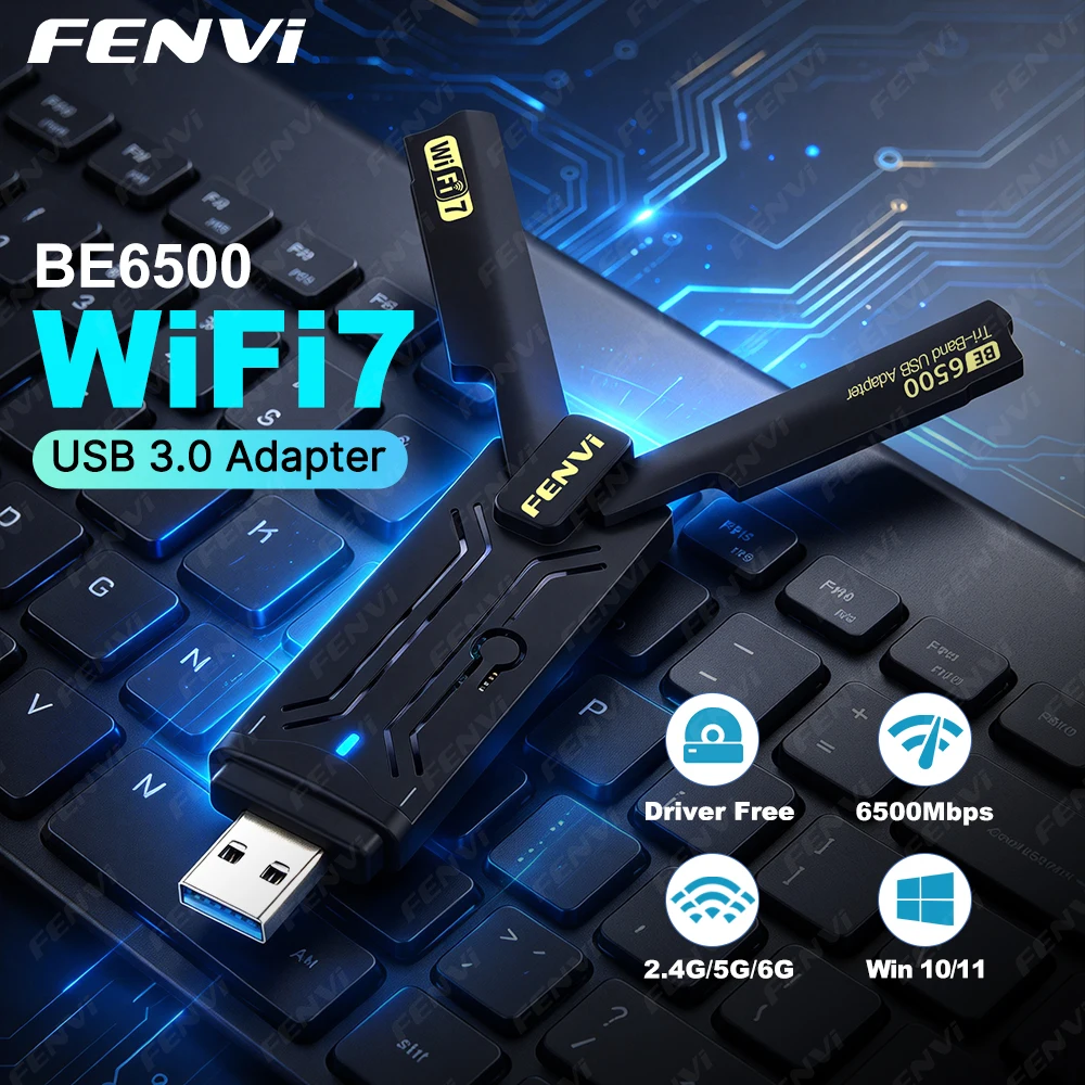 FENVI BE6500 WiFi 7 USB Adapter Tri-Band 6GHz/2.4G/5GHz USB 3.0 802.11BE WiFi Dongle Wireless Network Card Win 10/11 Driver Free