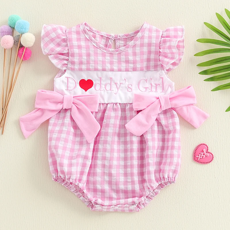 

0-18 Months Baby Girl Mother Day Romper Plaid Print Letter Embroidery Flying Sleeve Round Neck Jumpsuit Bubble Bodysuit