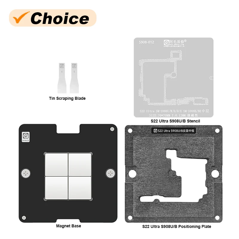 AMAOE S22 Ultra S908U/B Middle Layer Planting Tin Platform Set for SAM SM-S908B/BE 70*70mm 0.12mm BGA Reballing Stencil