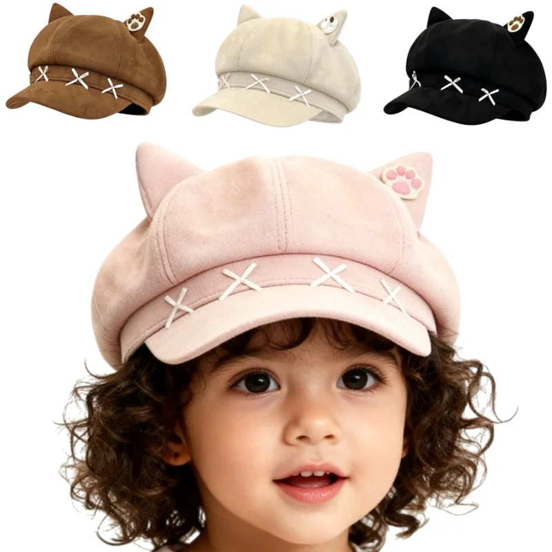 Boinas japonesas con orejas de gato de dibujos animados para mujer, boinas pequeñas Y2K para otoño e invierno, para viajes, día de invierno, dulces y versátiles