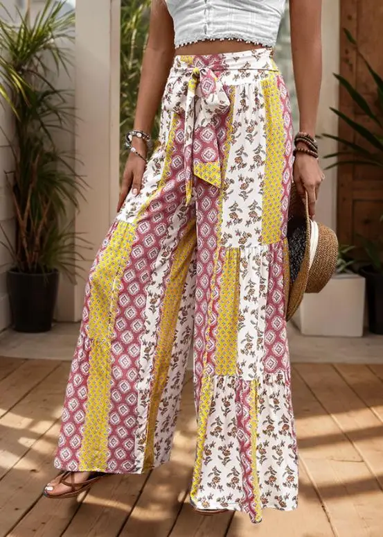 

Summer 2025 Women's Casual Vacation Style Wide Leg Pants Lace up Geometric Floral Print Comfortable Fit Casual Pants