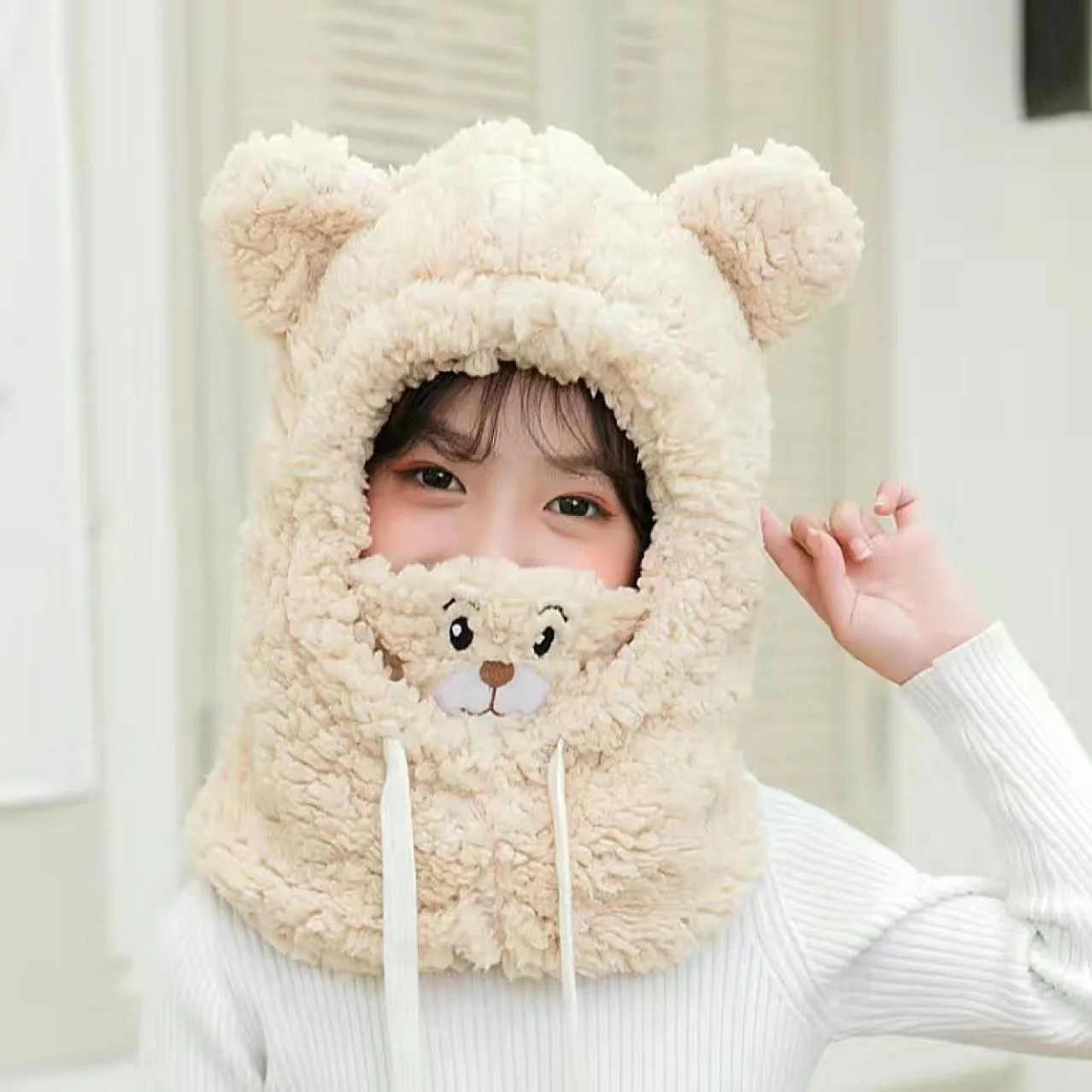 Children\'s Bear Hat Winter Warm Windproof Ear Protection Hat Mask Neck Scarf Male and Female Baby Plush Hat Parent-child