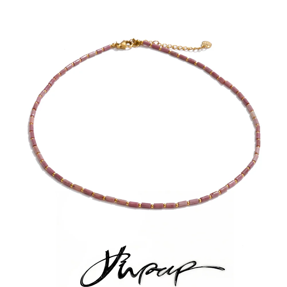 Yhpup Neue natürliche Rhodochrosit-Amazonit-Steinperlenkette, handgefertigte Halskette, hochwertiger Sommer-Schmuck aus Edelstahl