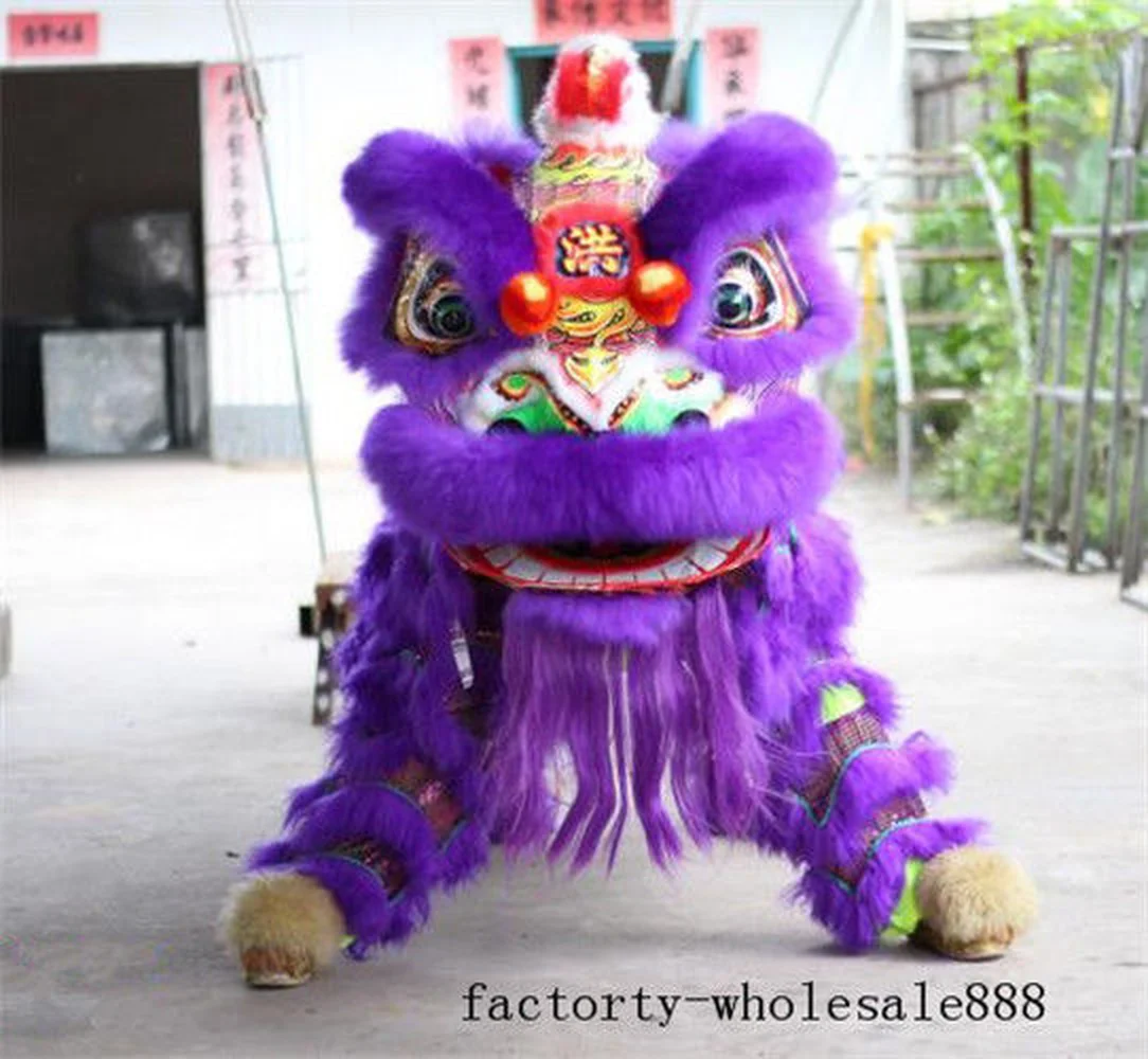 Fashion Purple Chinese Folk Art Lion Dance Mascot Costume Wool Southern Lion Two Adults Advertising Carnival Halloween Christmas