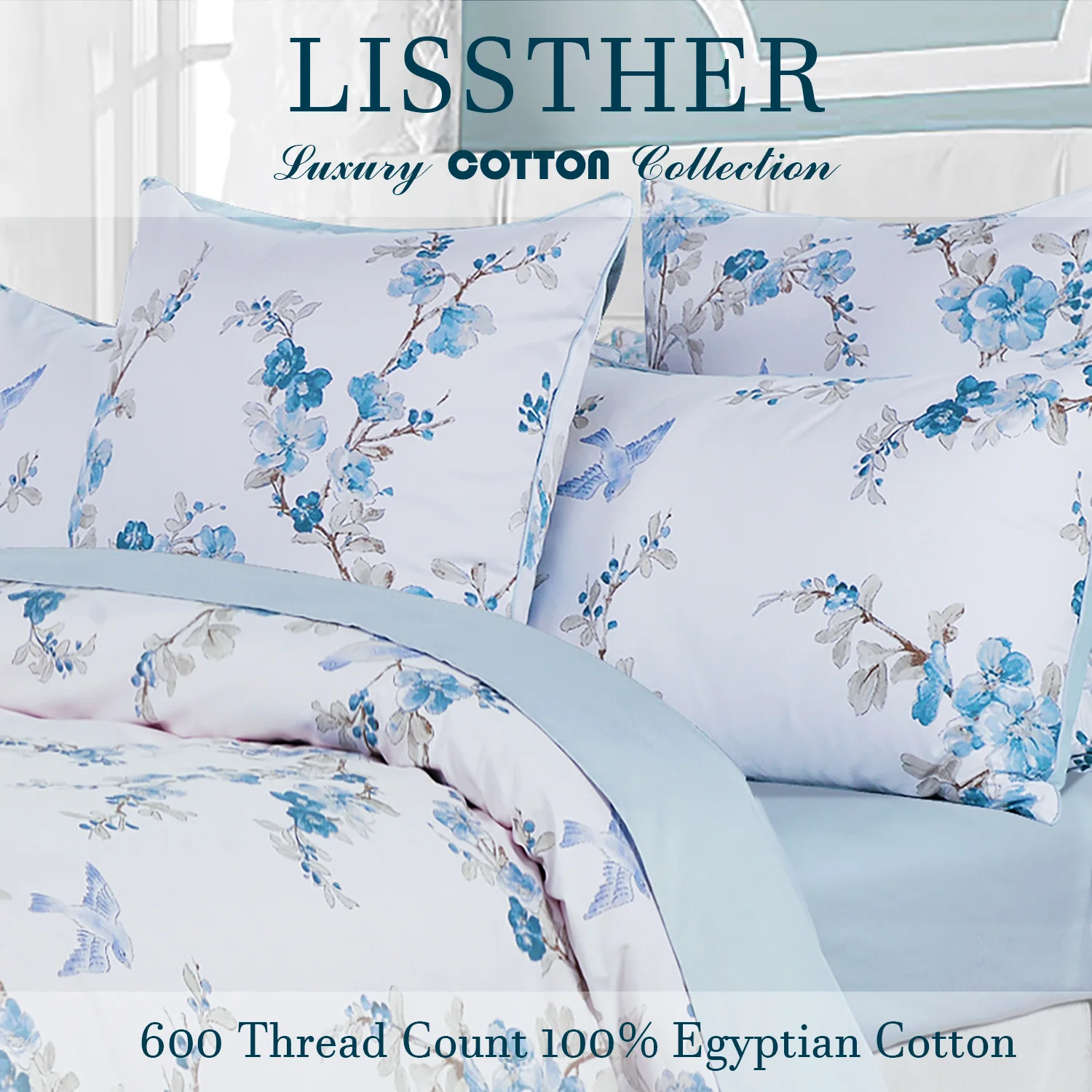 

3pcs 600TC 100% Egyptian Cotton Duvet Cover Set, Blue Watercolor Floral, Soft Breathable Skin-Friendly (No Inserts)