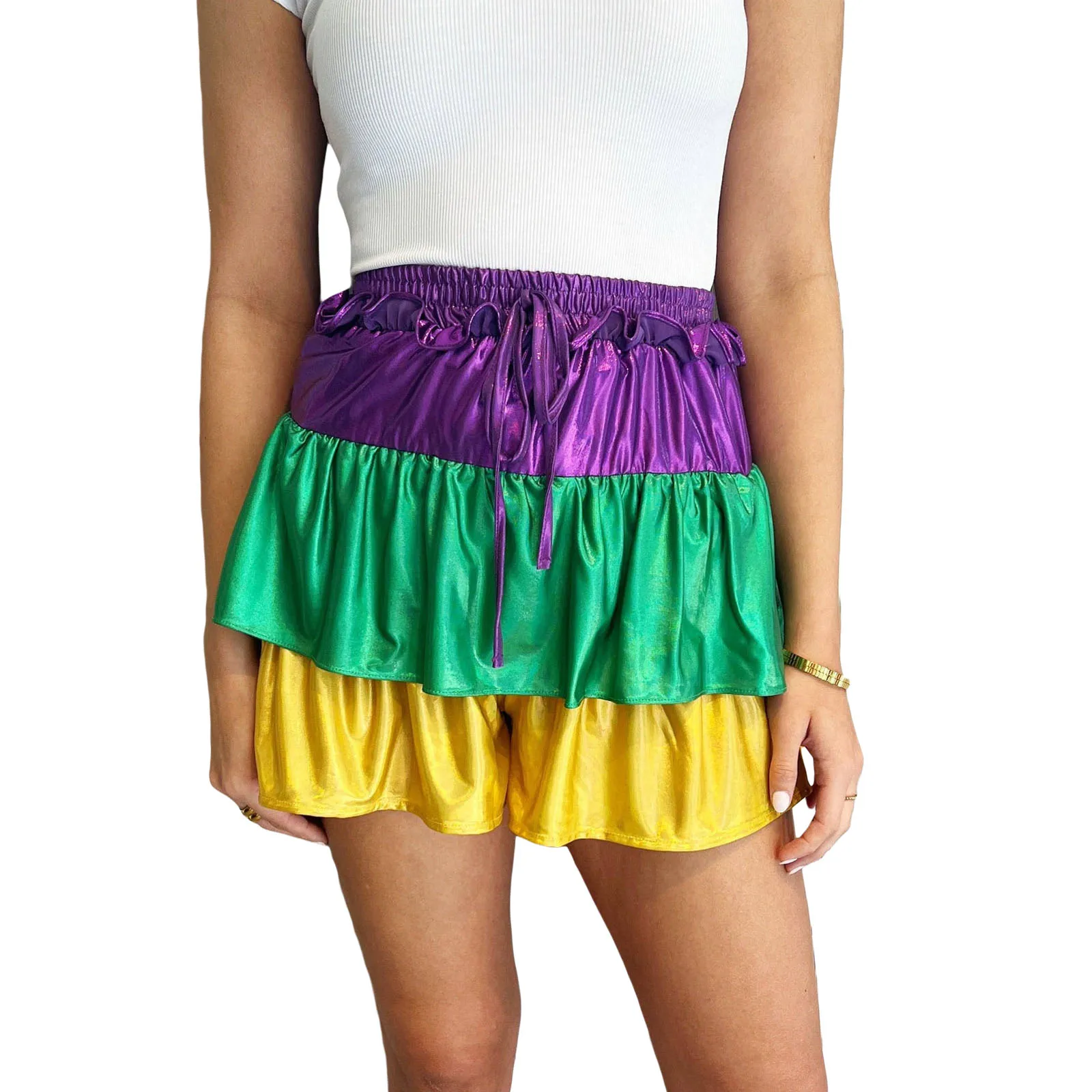 Women's Satin Shorts Casual Elastic Waist Frill Trim Contrast Color Short Pants Festival Clothes