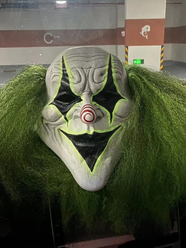 Maschera raccapricciante da clown spaventoso di Halloween con capelli verdi e naso rosso - Maschera jack con copricapo in lattice per feste horror ed eventi in costume