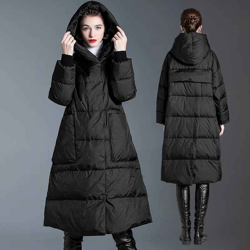 Luxo de alta qualidade acolchoado jaqueta quente inverno feminino puffer jaqueta longo pato branco para baixo trench coat tendência casaco com capuz