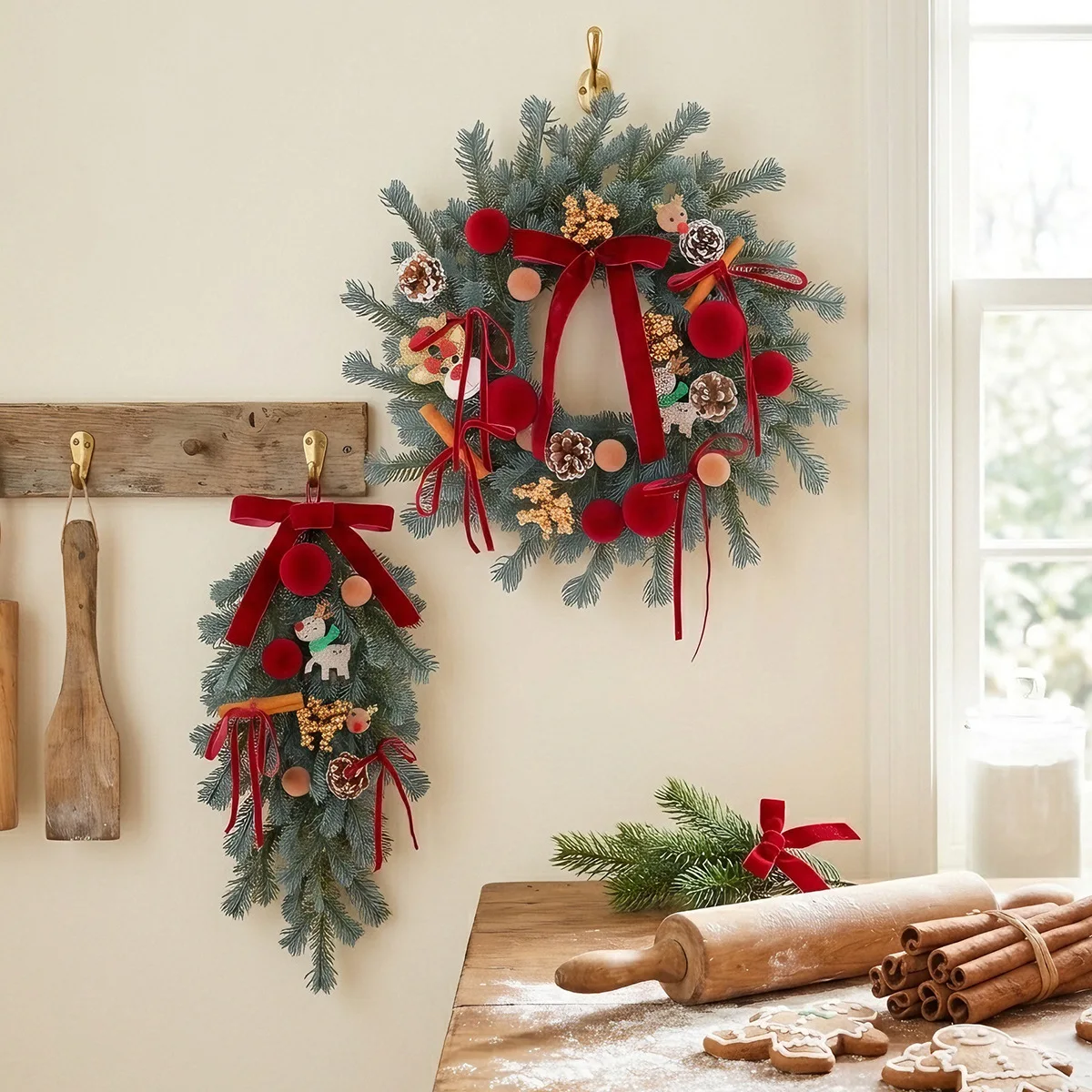 45cm Christmas Wreath For Front Door Porch Holiday Decor Velvet Bow Wreath Door Hanging Christmas Ornament Christmas Decoration